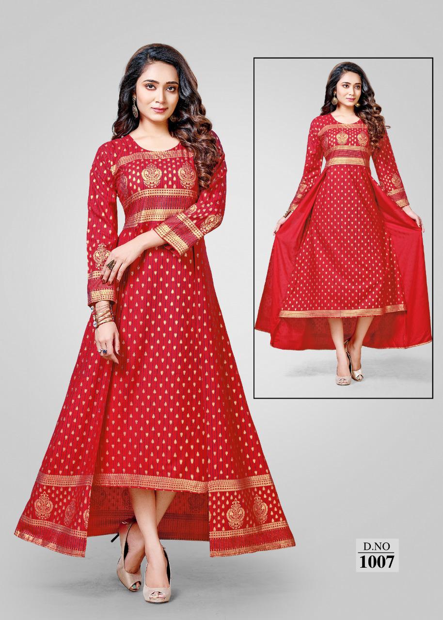 Ft Rayon  Latest Fancy Designer Gold Print Double Cut Kurti Collection
